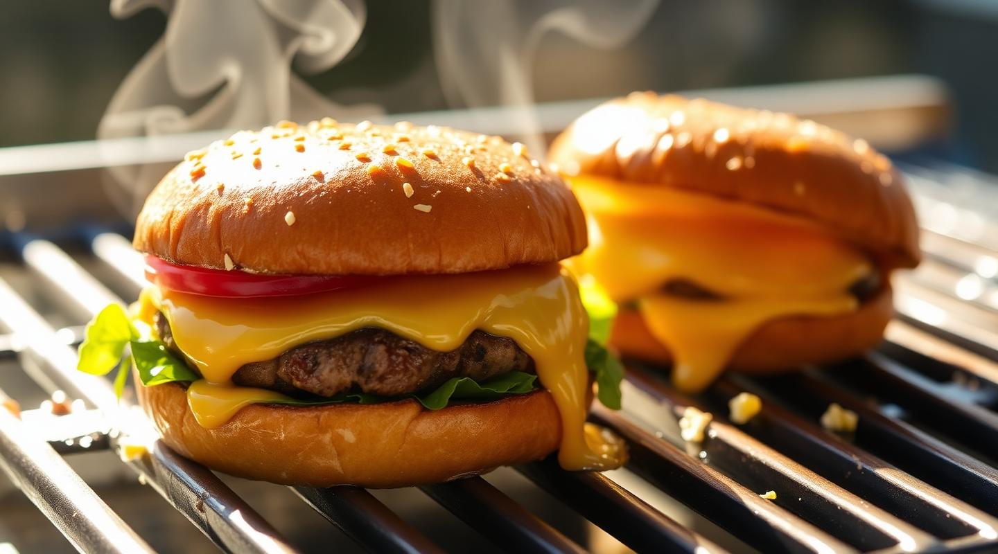 Flame-griddled smash burger with melted cheese on a chrome griddle